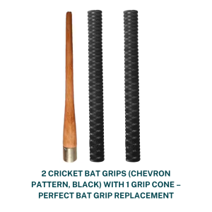 2 Cricket Bat Grips (Black Chevron Pattern) + 1 Wooden Grip Cone – Easy Grip Replacement Kit